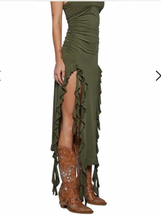 Lioness Dresses & Skirts - Lioness Rendezvous Strapless Olive Green Ruffle Slit Maxi Dress Size Large